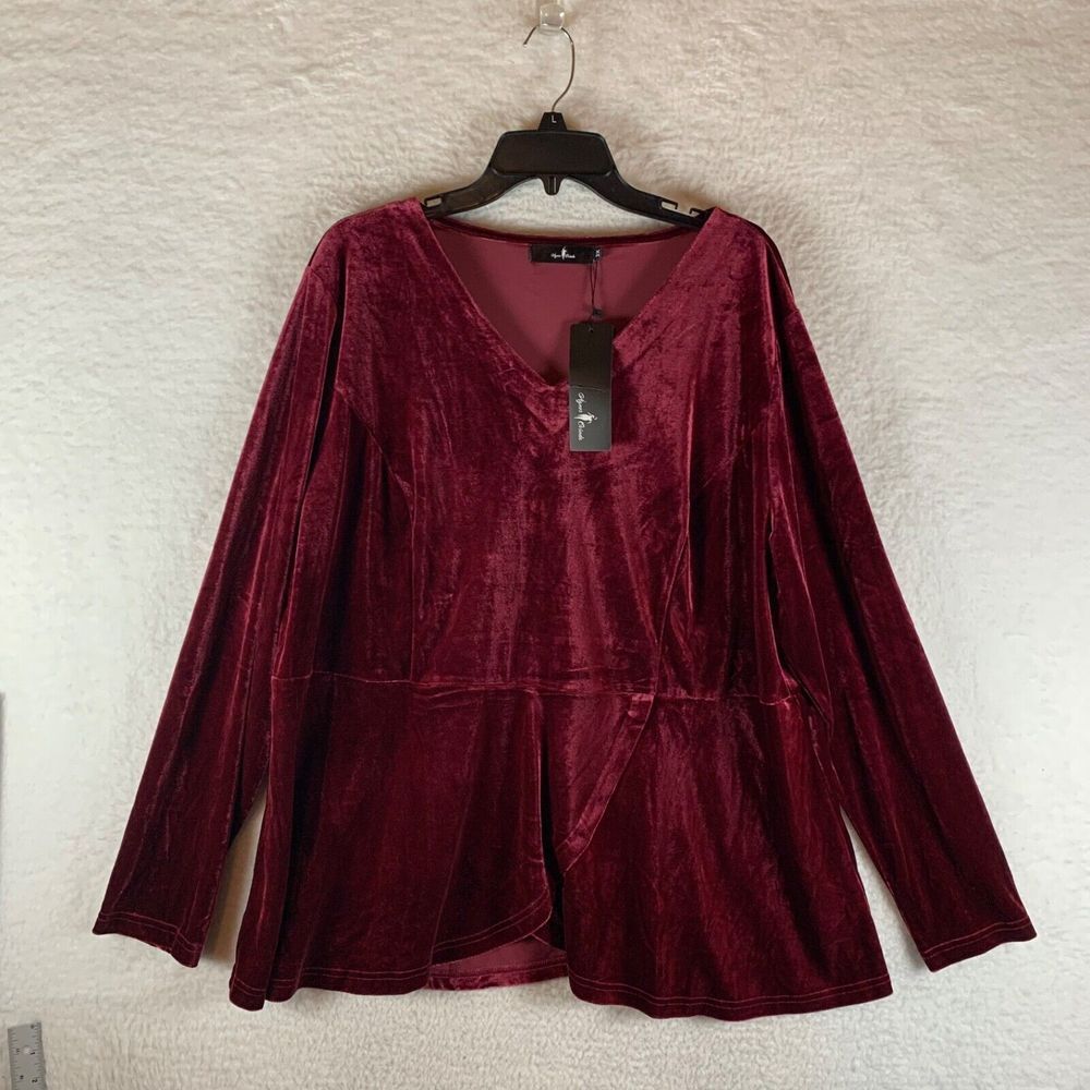 Agnes Orinda Women's Long Sleeve V-Neck Tulip Hem Red Velvet Blouse Size 3X NWT
